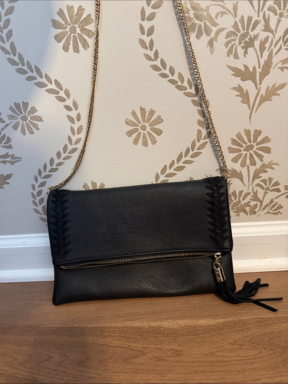 Black Leather Chain-Shoulder Clutch